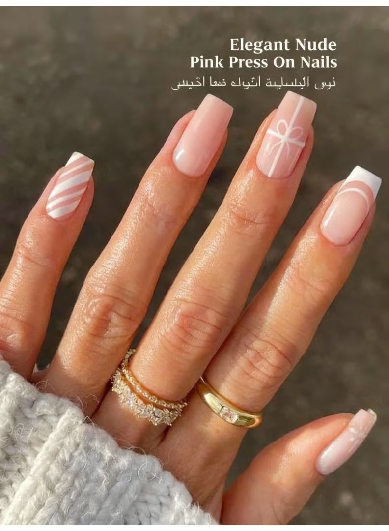HTKCRX Christmas Gift Style French Press On Nails with White Lines & Snowflake Patterns Glossy Finish Natural Fit Eco-Friendly ABS Material One-Minute Salon Result Reusable Nail Art Set - Image 2